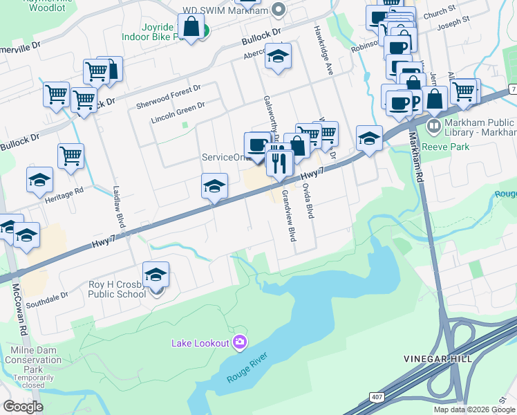 map of restaurants, bars, coffee shops, grocery stores, and more near 5667 Highway 7 in Markham