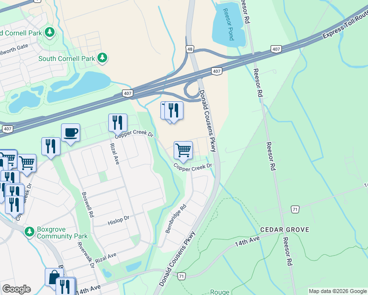 map of restaurants, bars, coffee shops, grocery stores, and more near 32 Floyd Ford Way in Markham