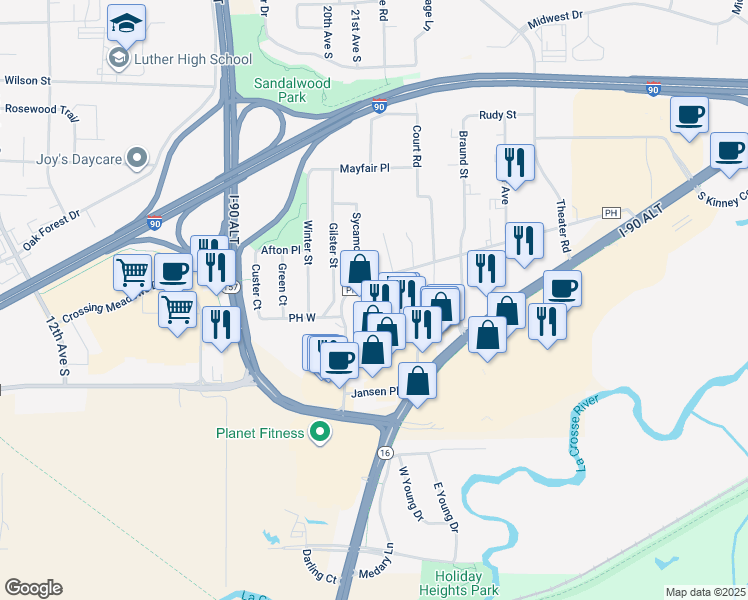map of restaurants, bars, coffee shops, grocery stores, and more near 1266 County Road PH in Onalaska