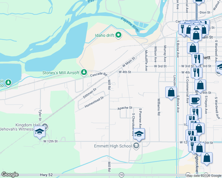 map of restaurants, bars, coffee shops, grocery stores, and more near 734 Mill Road in Emmett
