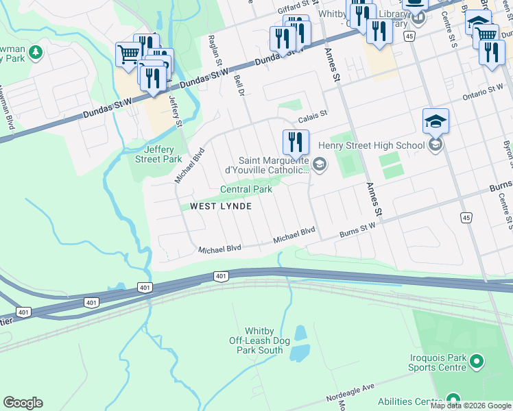 map of restaurants, bars, coffee shops, grocery stores, and more near in Whitby