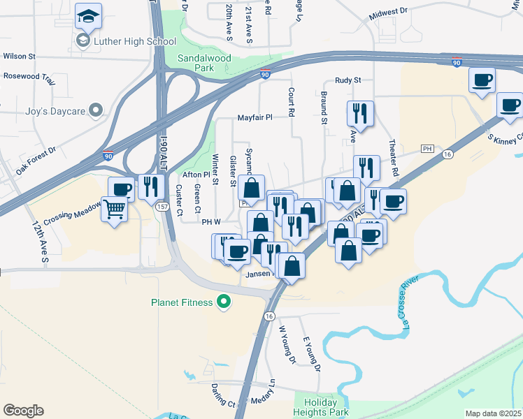 map of restaurants, bars, coffee shops, grocery stores, and more near 1264 County Road PH in Onalaska