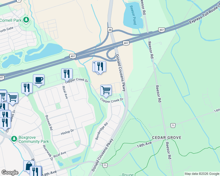 map of restaurants, bars, coffee shops, grocery stores, and more near 33 Floyd Ford Way in Markham