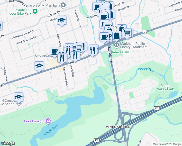 map of restaurants, bars, coffee shops, grocery stores, and more near 19 McPhillips Avenue in Markham
