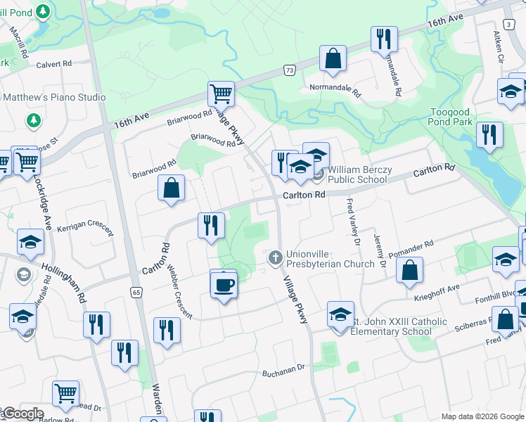 map of restaurants, bars, coffee shops, grocery stores, and more near 105 Carlton Road in Markham