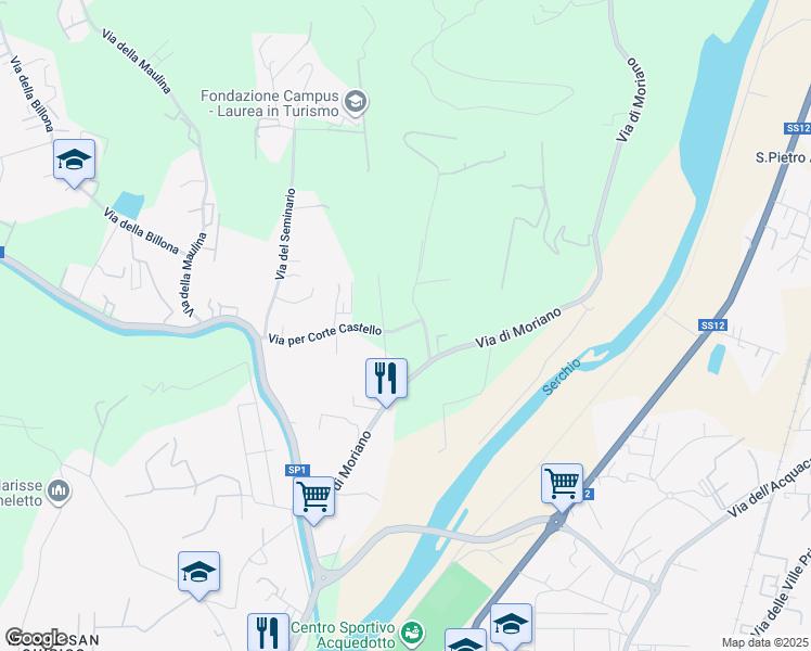 map of restaurants, bars, coffee shops, grocery stores, and more near 147 Via di Villa Barsanti in Lucca
