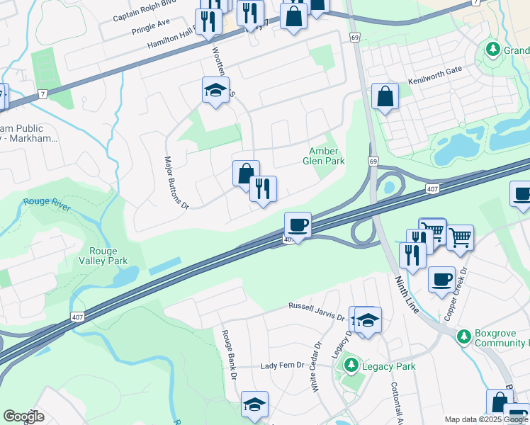 map of restaurants, bars, coffee shops, grocery stores, and more near 67 Colonel Butler Drive in Markham