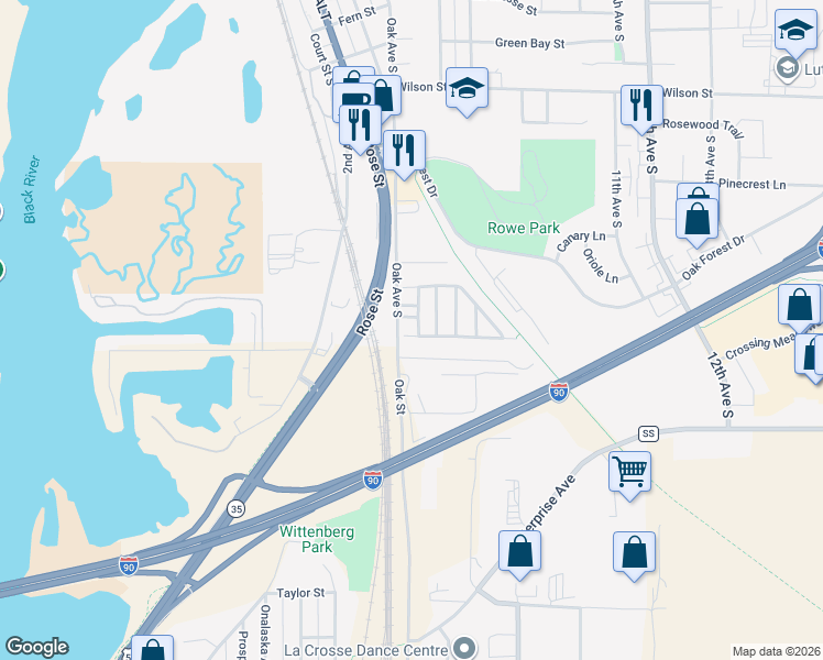 map of restaurants, bars, coffee shops, grocery stores, and more near 1025 Oak Avenue South in Onalaska