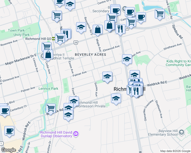 map of restaurants, bars, coffee shops, grocery stores, and more near 271 Sussex Avenue in Richmond Hill