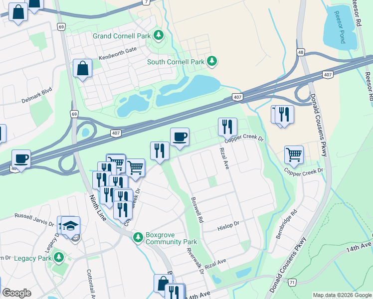map of restaurants, bars, coffee shops, grocery stores, and more near 17 Luzon Avenue in Markham
