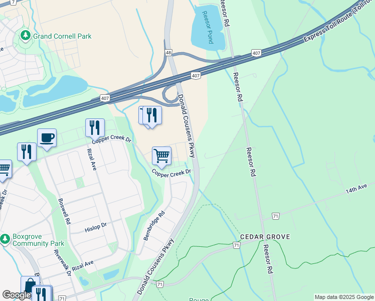 map of restaurants, bars, coffee shops, grocery stores, and more near 590 Copper Creek Drive in Markham