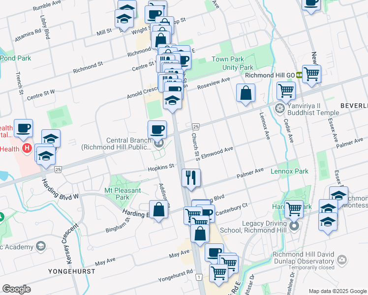 map of restaurants, bars, coffee shops, grocery stores, and more near 9961 Yonge Street in Richmond Hill