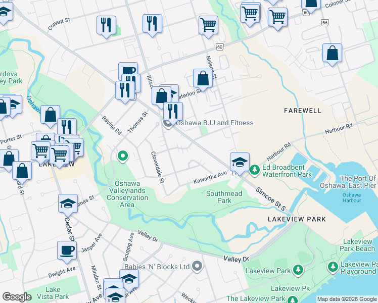 map of restaurants, bars, coffee shops, grocery stores, and more near 81 Wellington Avenue West in Oshawa