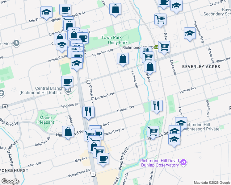 map of restaurants, bars, coffee shops, grocery stores, and more near Ruggles Avenue in Richmond Hill