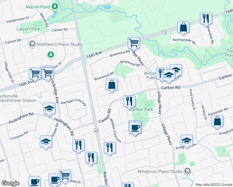 map of restaurants, bars, coffee shops, grocery stores, and more near 29 Hagerman Boulevard in Markham