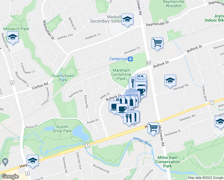 map of restaurants, bars, coffee shops, grocery stores, and more near 20 Miley Drive in Markham