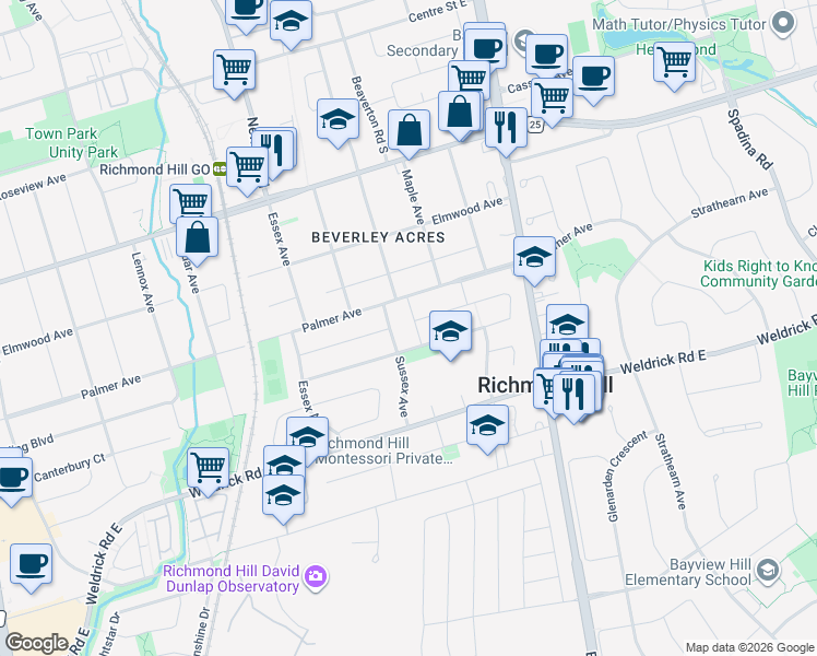 map of restaurants, bars, coffee shops, grocery stores, and more near 272 Conestoga Avenue in Richmond Hill