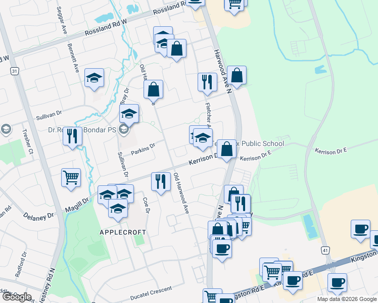 map of restaurants, bars, coffee shops, grocery stores, and more near 30 Kerrison Drive West in Ajax