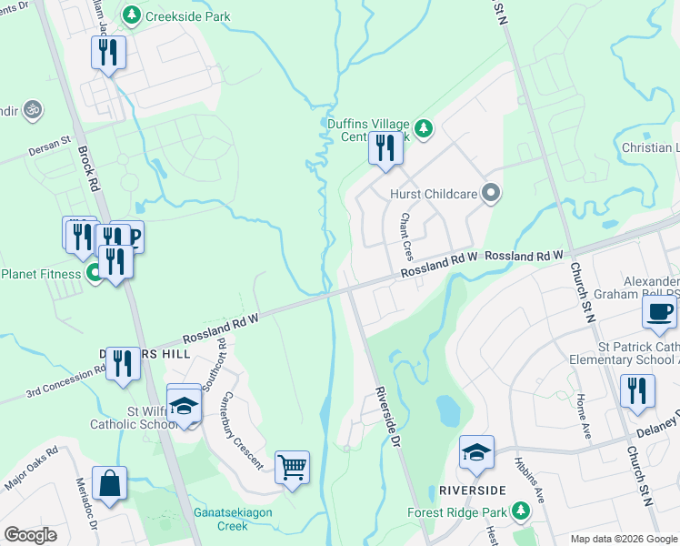 map of restaurants, bars, coffee shops, grocery stores, and more near 6 Seagrave Lane in Ajax