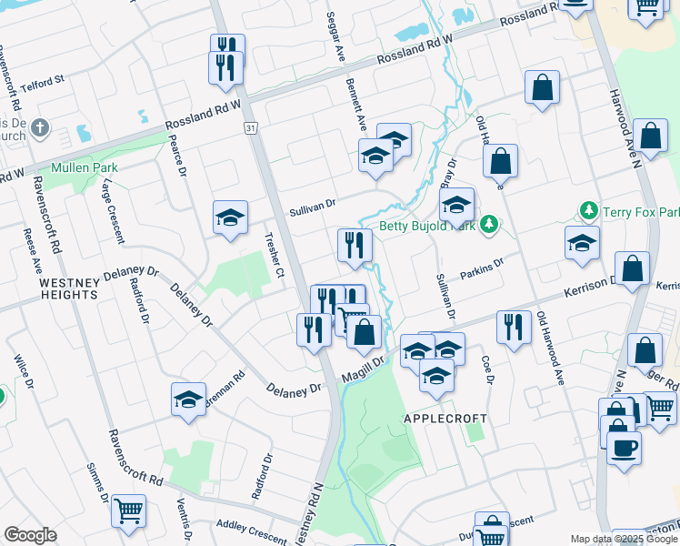 map of restaurants, bars, coffee shops, grocery stores, and more near 54 Ivers Court in Ajax