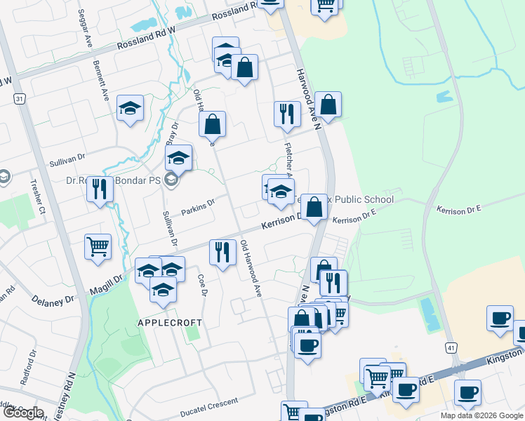 map of restaurants, bars, coffee shops, grocery stores, and more near 27 Healthcote Lane in Ajax