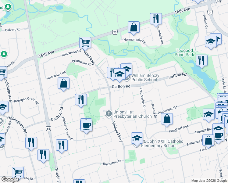 map of restaurants, bars, coffee shops, grocery stores, and more near 13 Linda Way in Markham