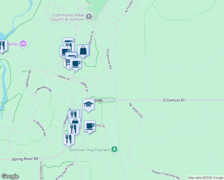 map of restaurants, bars, coffee shops, grocery stores, and more near 56998 Coyote Lane in Sunriver