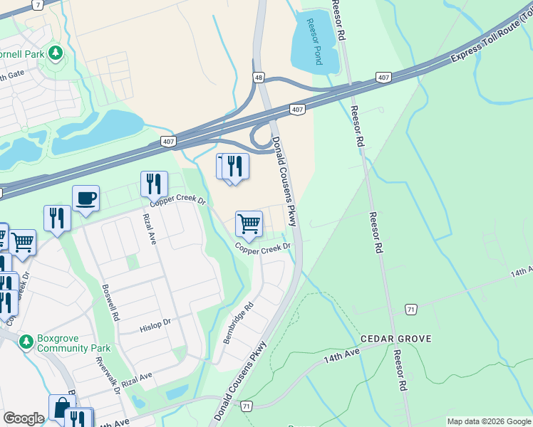 map of restaurants, bars, coffee shops, grocery stores, and more near 40 Sissons Way in Markham