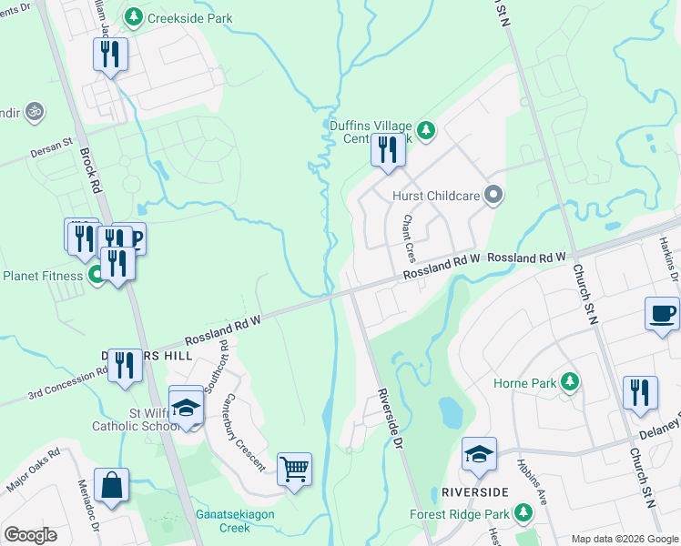 map of restaurants, bars, coffee shops, grocery stores, and more near 6 Seagrave Lane in Ajax