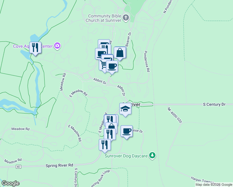 map of restaurants, bars, coffee shops, grocery stores, and more near 57029 Peppermill Circle in Sunriver