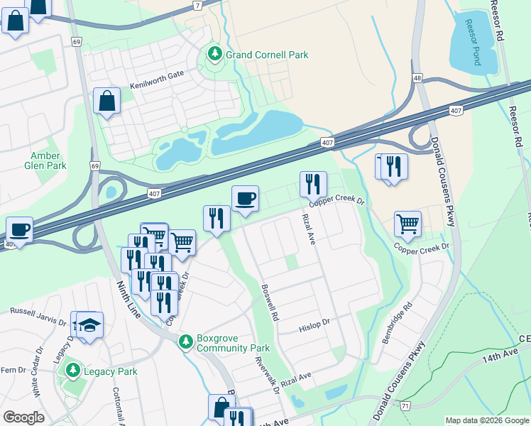 map of restaurants, bars, coffee shops, grocery stores, and more near 264 Copper Creek Drive in Markham