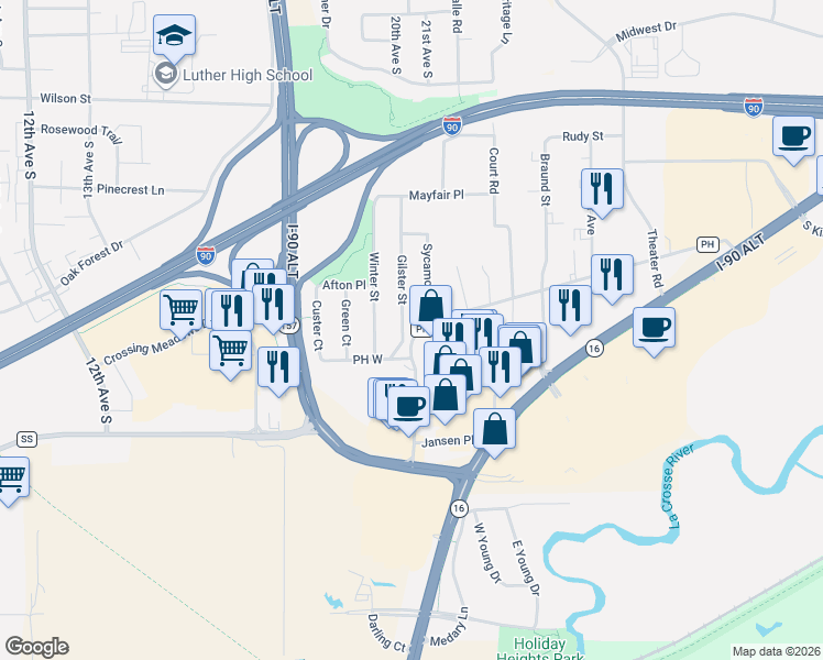 map of restaurants, bars, coffee shops, grocery stores, and more near 1258 County Road PH in Onalaska