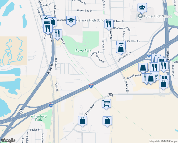map of restaurants, bars, coffee shops, grocery stores, and more near Great River State Park Trail in Onalaska