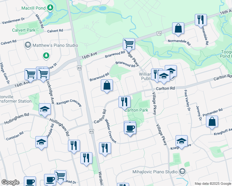 map of restaurants, bars, coffee shops, grocery stores, and more near 35 Hagerman Boulevard in Markham