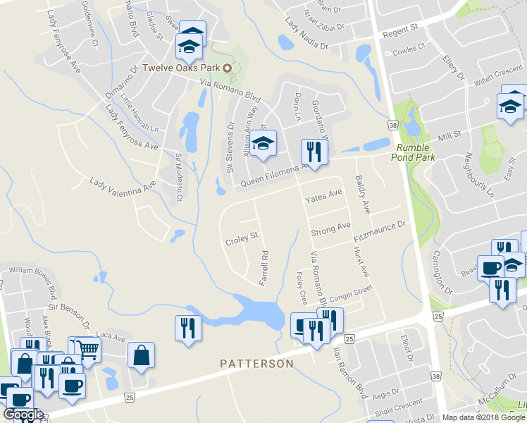 map of restaurants, bars, coffee shops, grocery stores, and more near 406 Farrell Road in Vaughan