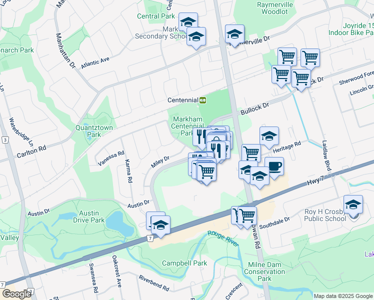 map of restaurants, bars, coffee shops, grocery stores, and more near 9 Markville Road in Markham
