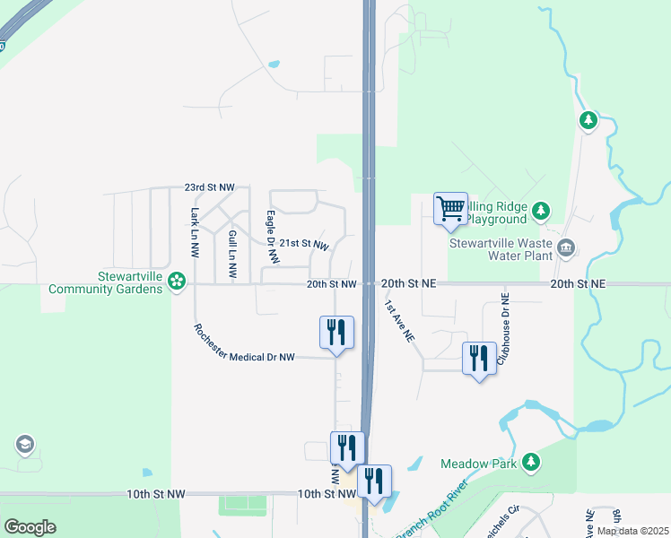 map of restaurants, bars, coffee shops, grocery stores, and more near 1002 Bluebird Terrace Northwest in Stewartville