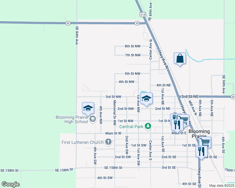 map of restaurants, bars, coffee shops, grocery stores, and more near 338 3rd Street Northwest in Blooming Prairie