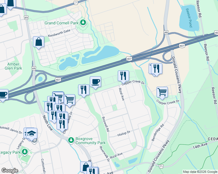 map of restaurants, bars, coffee shops, grocery stores, and more near 264 Copper Creek Drive in Markham