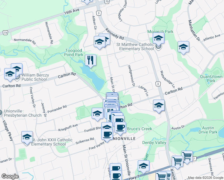 map of restaurants, bars, coffee shops, grocery stores, and more near 232 Main Street Unionville in Markham