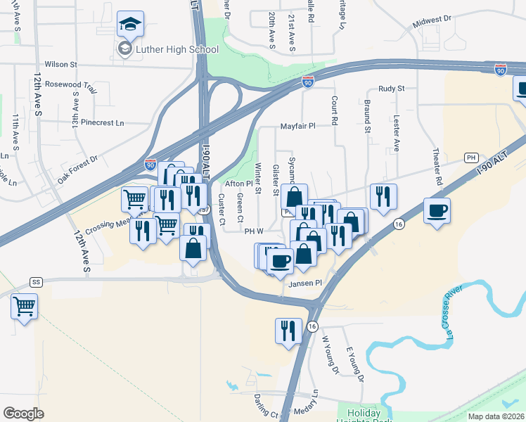 map of restaurants, bars, coffee shops, grocery stores, and more near 635 Winter Street in Onalaska