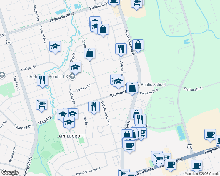 map of restaurants, bars, coffee shops, grocery stores, and more near 31 Healthcote Lane in Ajax