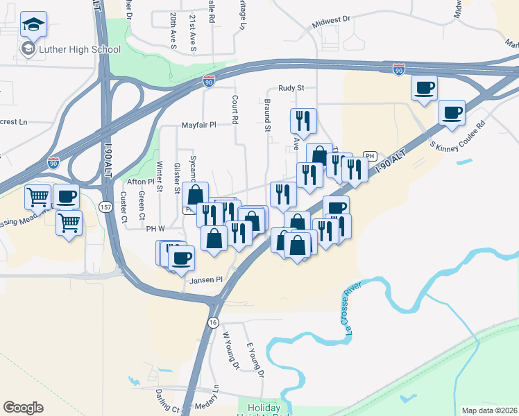 map of restaurants, bars, coffee shops, grocery stores, and more near 728 Braund Street in Onalaska