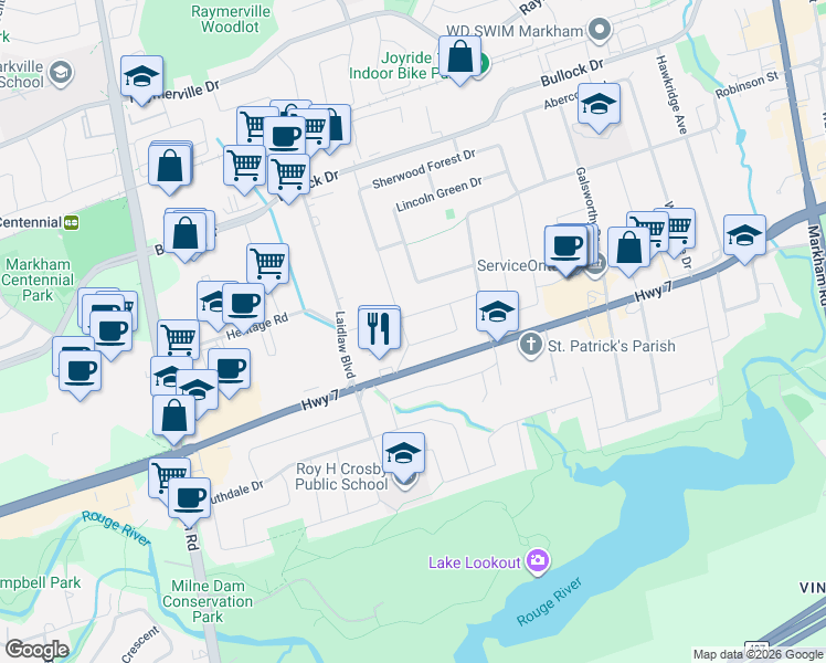 map of restaurants, bars, coffee shops, grocery stores, and more near 33 King Richard Court in Markham