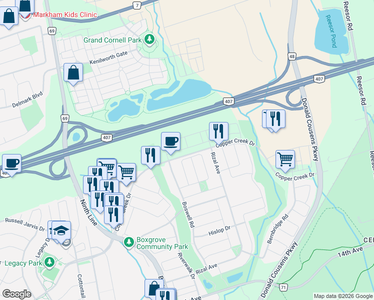 map of restaurants, bars, coffee shops, grocery stores, and more near 33 Luzon Avenue in Markham