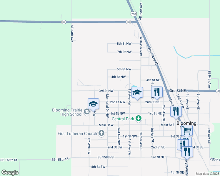 map of restaurants, bars, coffee shops, grocery stores, and more near 338 3rd Street Northwest in Blooming Prairie