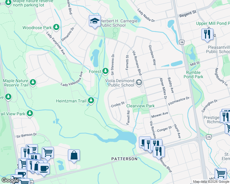 map of restaurants, bars, coffee shops, grocery stores, and more near 109 Farrell Road in Vaughan