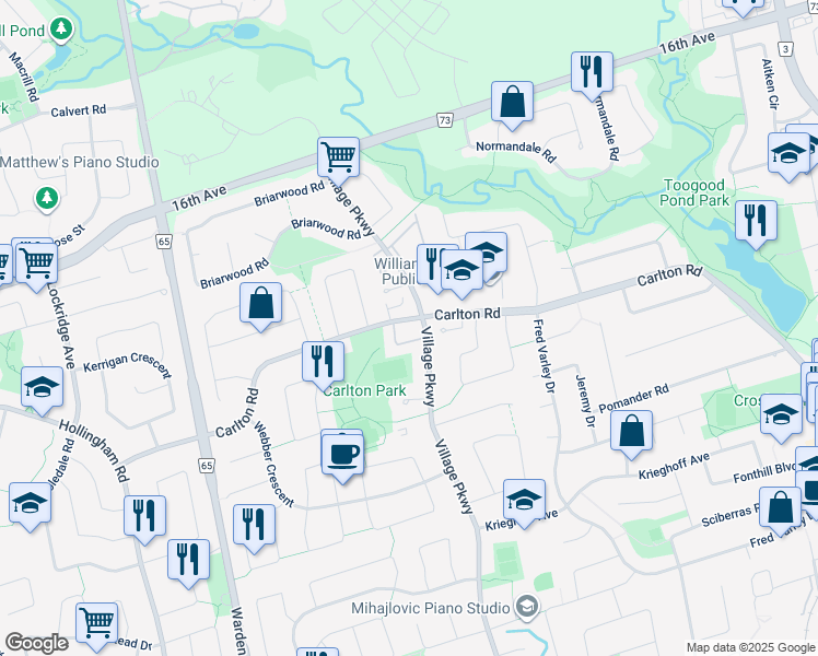 map of restaurants, bars, coffee shops, grocery stores, and more near 105 Carlton Road in Markham