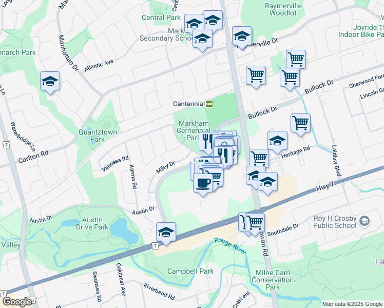 map of restaurants, bars, coffee shops, grocery stores, and more near 9 Markville Road in Markham