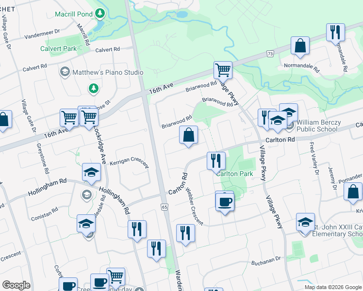map of restaurants, bars, coffee shops, grocery stores, and more near 16 Hagerman Boulevard in Markham
